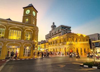 Street view of Phuket Old Town night market at sunset, in Phuket, Thailand, south east asia
